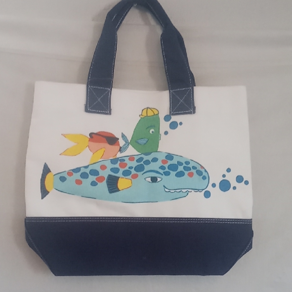 Pottery Barn Kids White Canvas Tote with Navy Trim and Colorful Fish